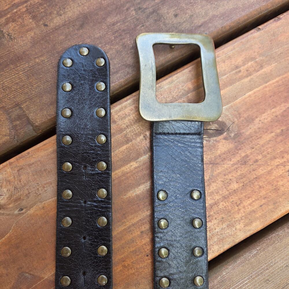 Italian Leather Studded Belt Black Antique Gold Buckle Boho Western L - Picture 7 of 7